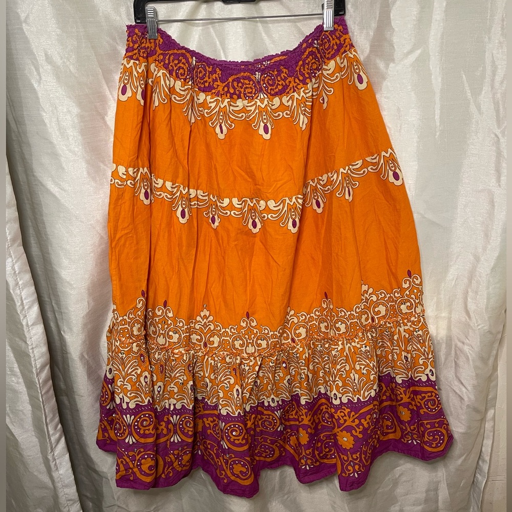 Plus Purple Orange Sequin Embellished Tiered Paisley Midi Peasant Boho Skirt